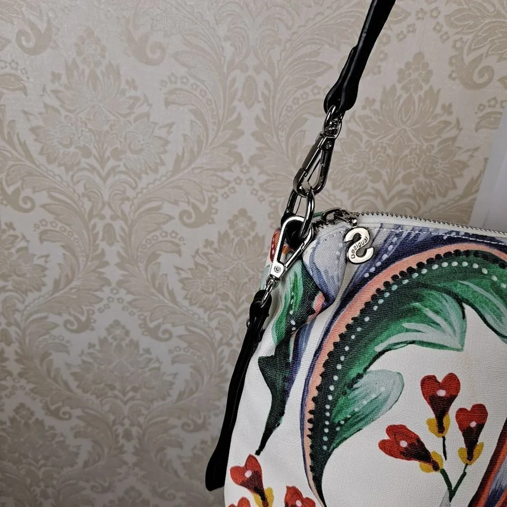 Desigual Floral Pattern Crossbody Pouch Wristlet Zip Top White Orange Grn NWOT